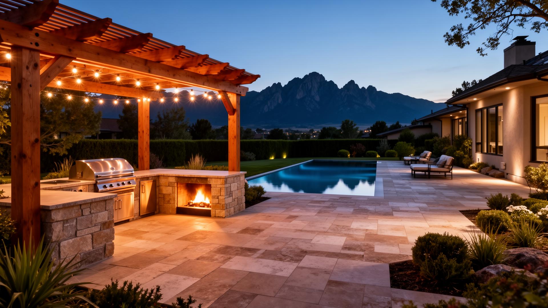 Luxury Denver backyard with pergola, outdoor kitchen, fireplace and pool